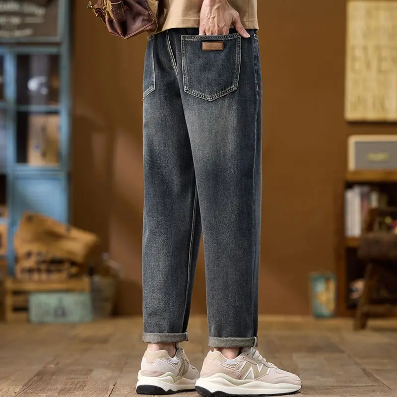Jeans Denim Straight Pants Men Washed Distressed Mid Waist Pockets 2025 Streetwear Basics Ankle Length Trousers Vintage Denims
