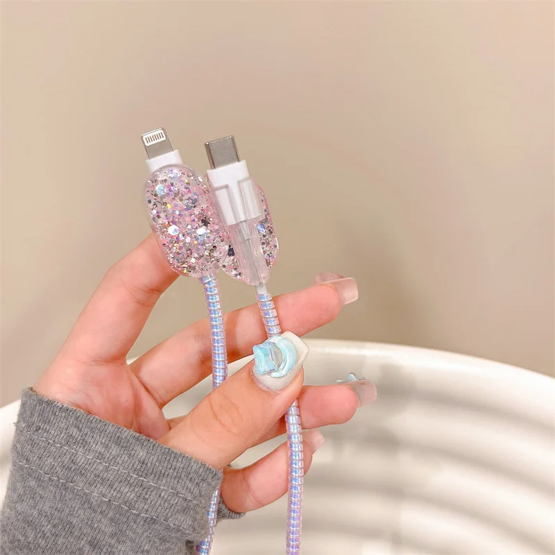 Korea Cute Glitter Silver Change Charger Protector Cover Charger Line Protectors Organizer Winder Protector Cover Accessories