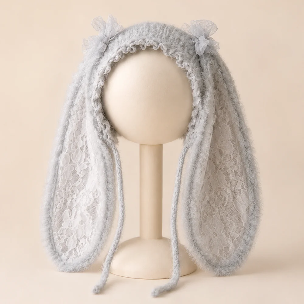 Sweet Lace Ruffle Newborn Bunny Hat with Long Ears for Photography Props Two Bows Knitted Baby Rabbit Bonnet Photo Accessories image 3