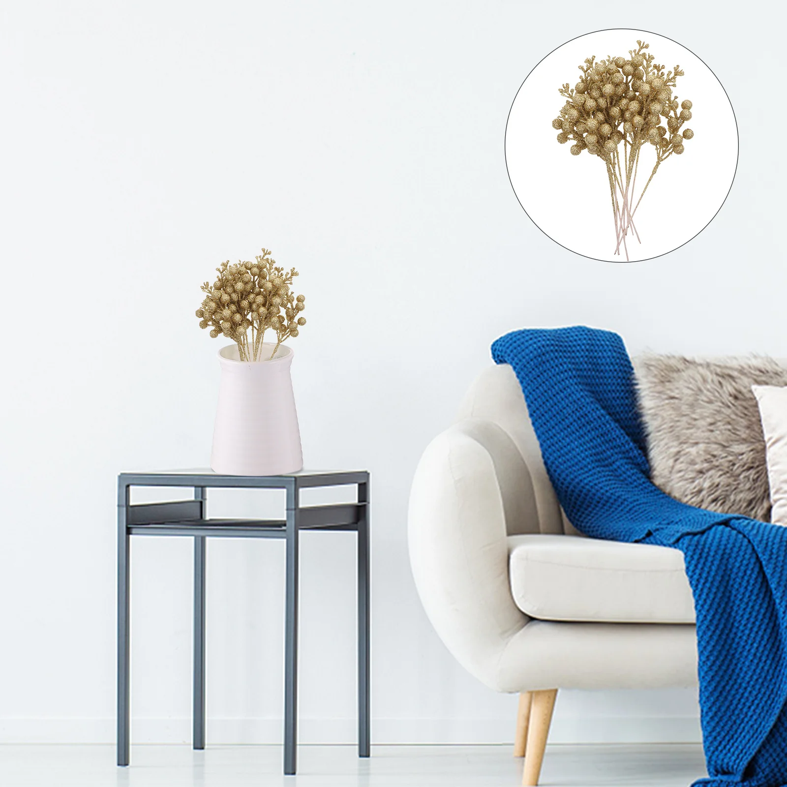 

10pcs Golden Powder Branches Artificial Holly Berries For Christmas Tree Decor Simulation Bunches Fake Berry Stems Party Home