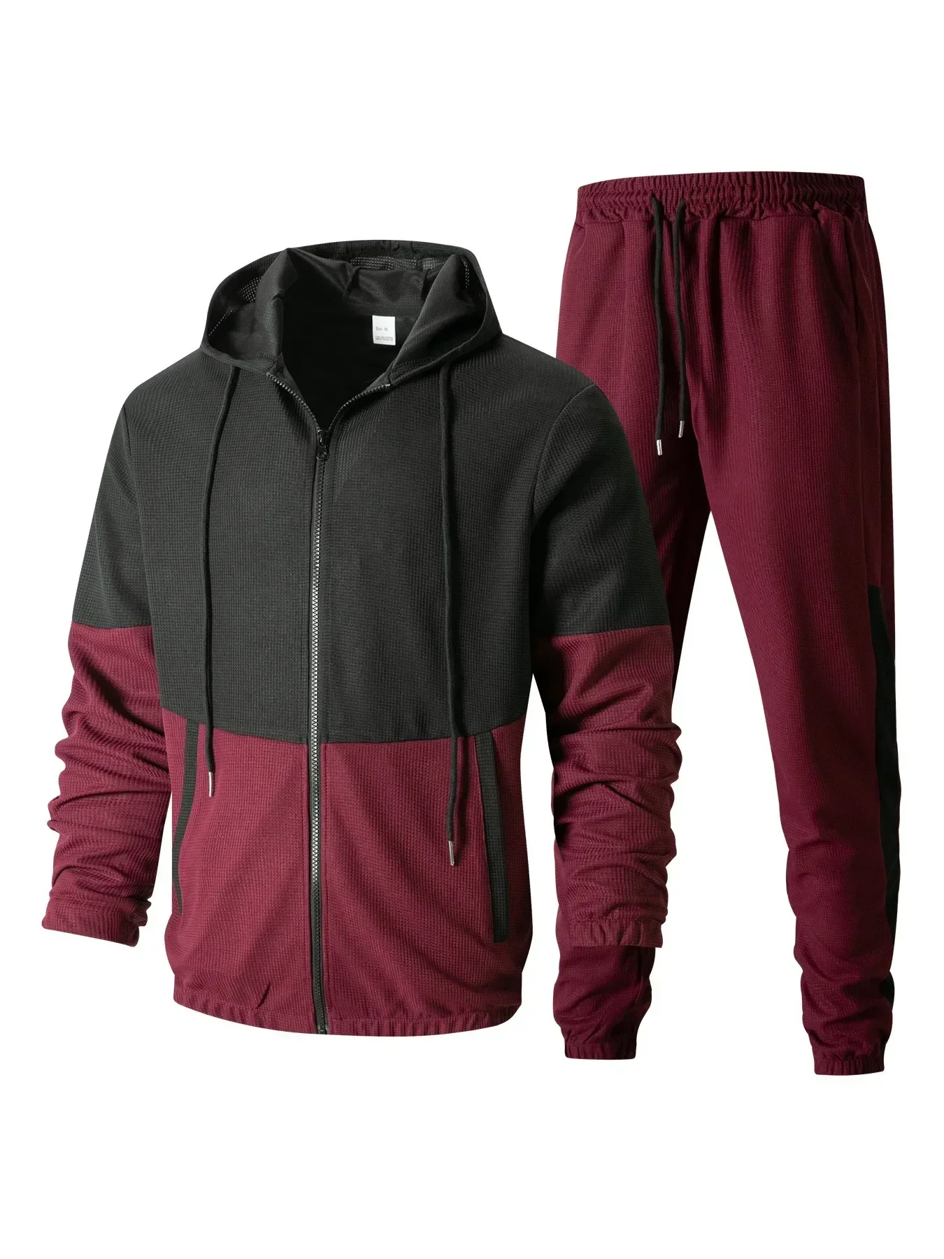 

Cost-effective Hooded Double-pocket Waffle Color Matching Jacket Jacket Casual Sports Two Trousers Suit Sports Sui Don't Miss