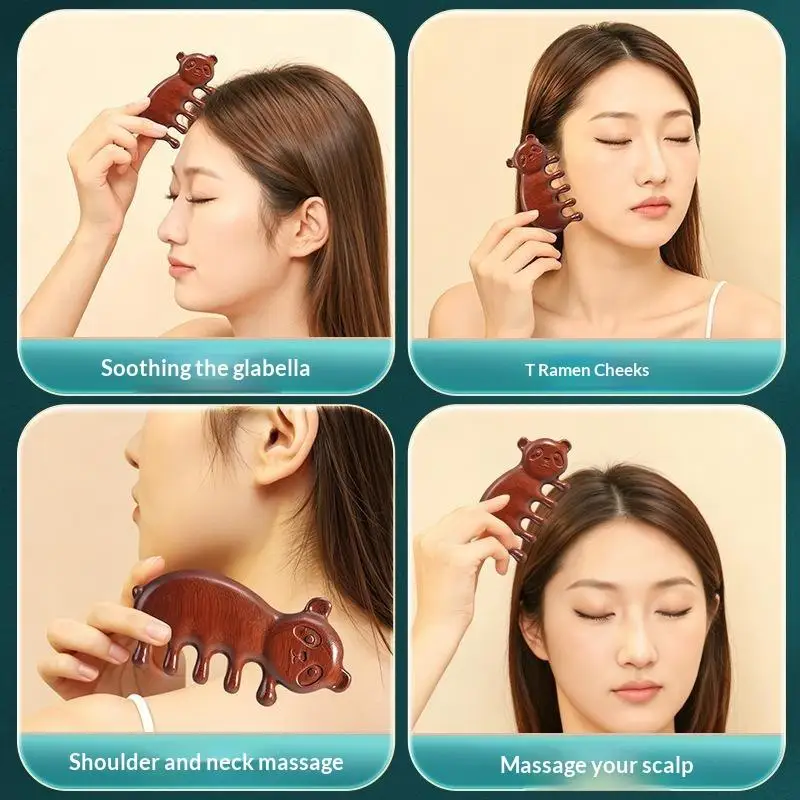 Sandalwood Scalp Massage Comb Panda Shaped 5 Tooth Scraping Tool for Stress Relief Travel Hair Care Gift for Women