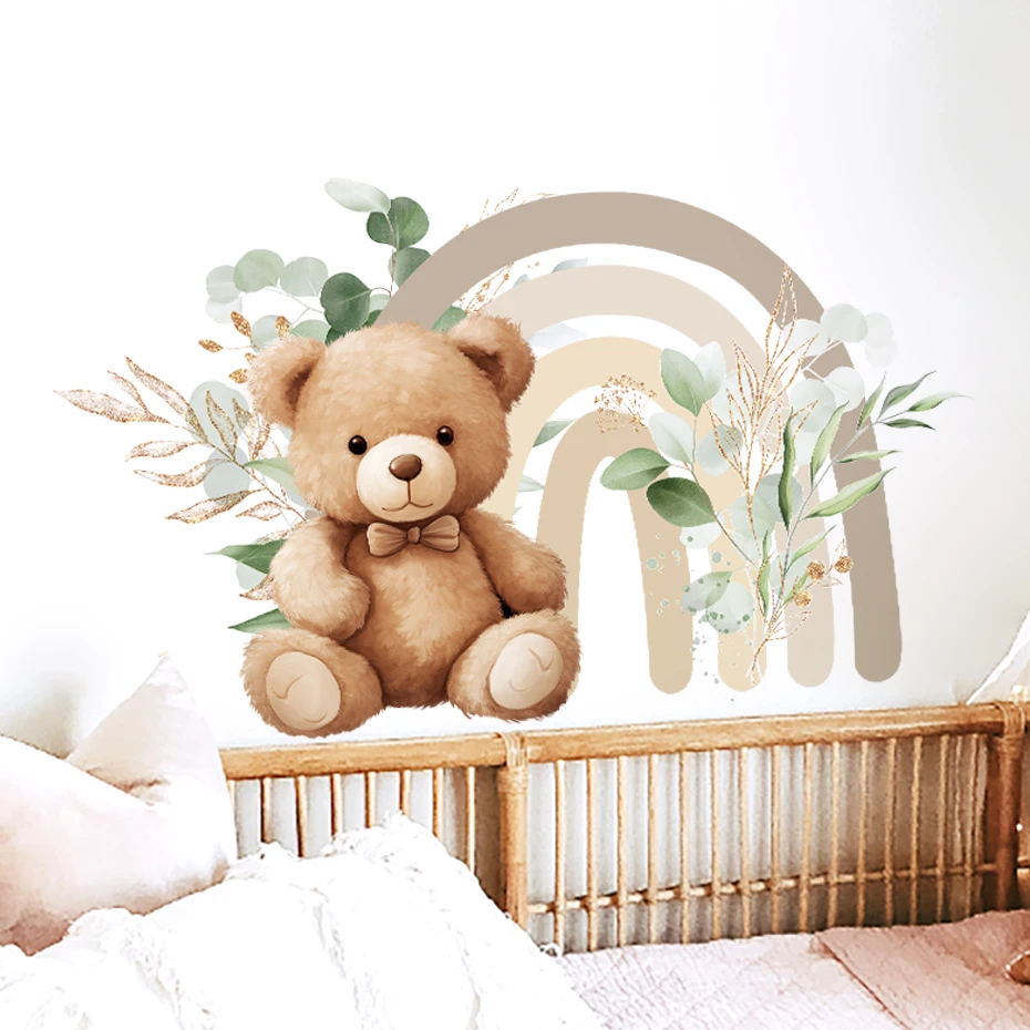 Cartoon Teddy Bear Leaf Rainbow Wall Sticker for Kids Room Baby Nursery Wall Decals for Girl Room Baby Shower PVC