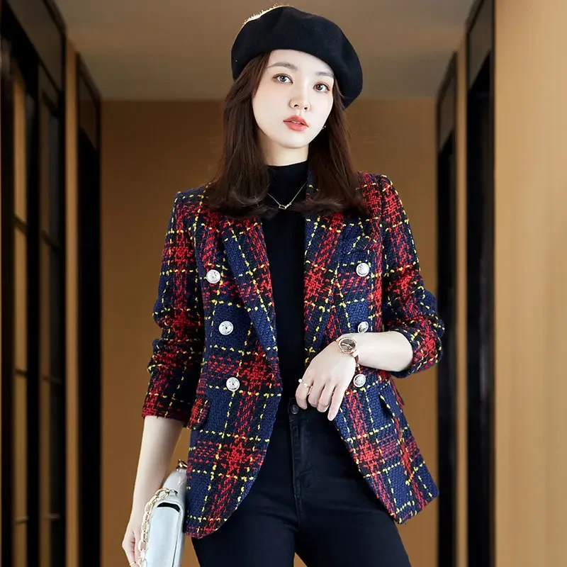 Autumn Winter Thicken Women Chic Office Lady Blazer Plaid Coat Fashion Notched Collar Long Sleeve Ladies Outerwear Stylish Tops