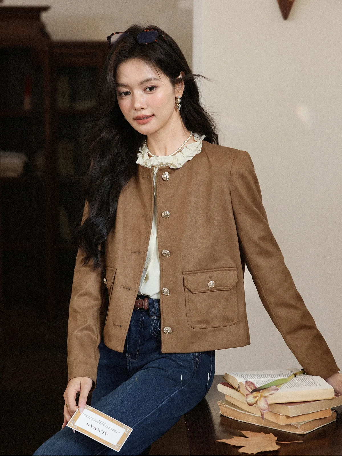 Abrigo de Cuero Marrón Versátil para Mujer, Estilo Informal, Cuello Alto, Ajuste Holgado, Largo, Ropa Exterior para Mujer