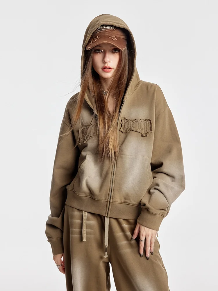 Guukahero Khaki Heavyweight Open Cardigan Hoodie Women's Style Casual Streetwear Cotton Long Sleeve Zipper Closure Coat