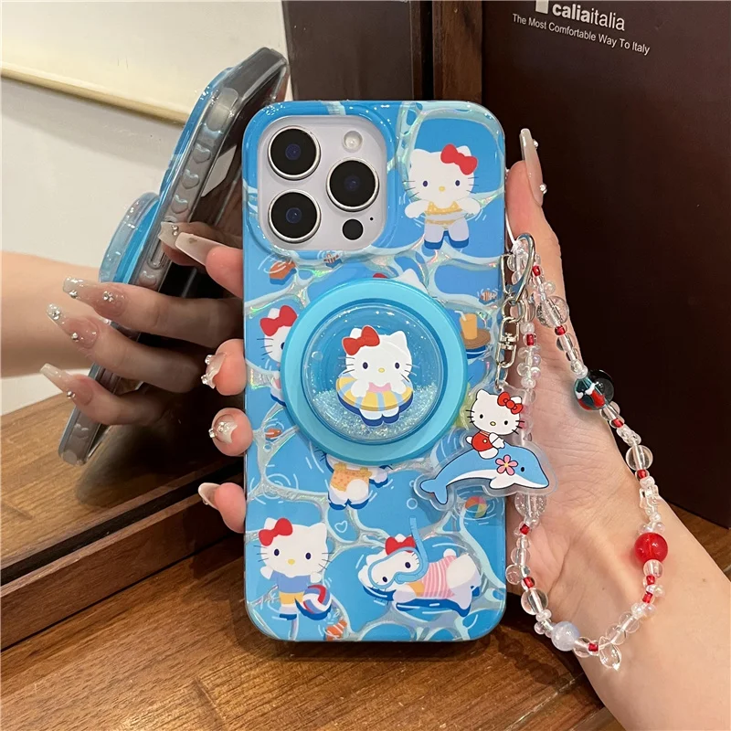 

Kawaii Swiming Hello Kitty Magnetic Phone Case For iPhone 16 Pro 15 14 Pro Max Cover with Holder Chain Cute Cases