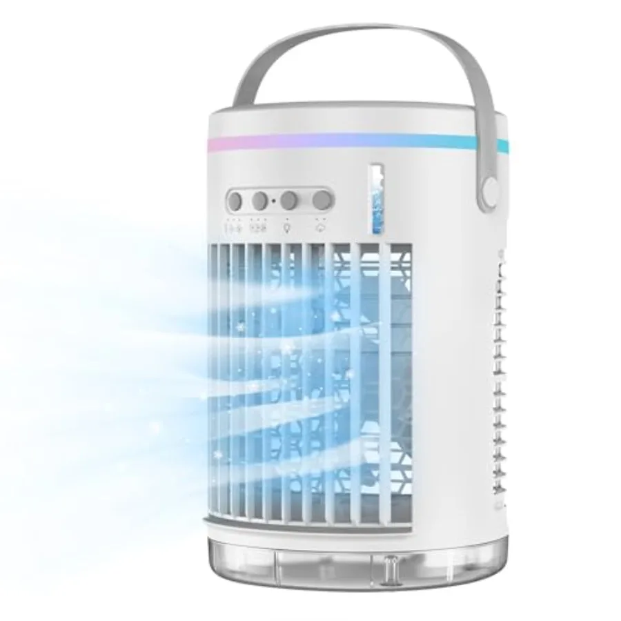 

Portable air conditioner for bedroom, office, desk use; ABS plastic material; white color; 4-in-1 cooling fan with 3 speeds, 1-