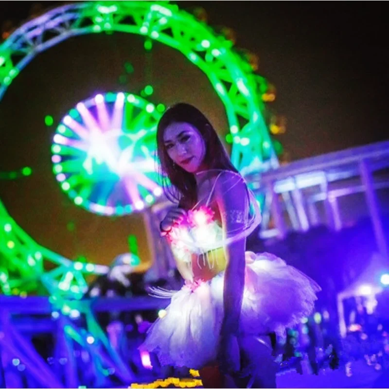 LED Party Dance Costume Festival Rave Outfit Female Lighting Up Clothing Bra Top Tutu Skirt Set Nightclub DJ Gogo Dancer Suit