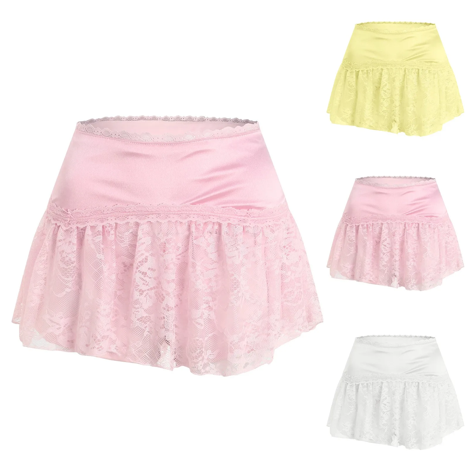 Hot Girls Y2k Lace Skirt Satin High Waist Ultra-Mini Sexy Streetwear Pleated Skirt Flowy Layering Pink White Yellow Underskirt