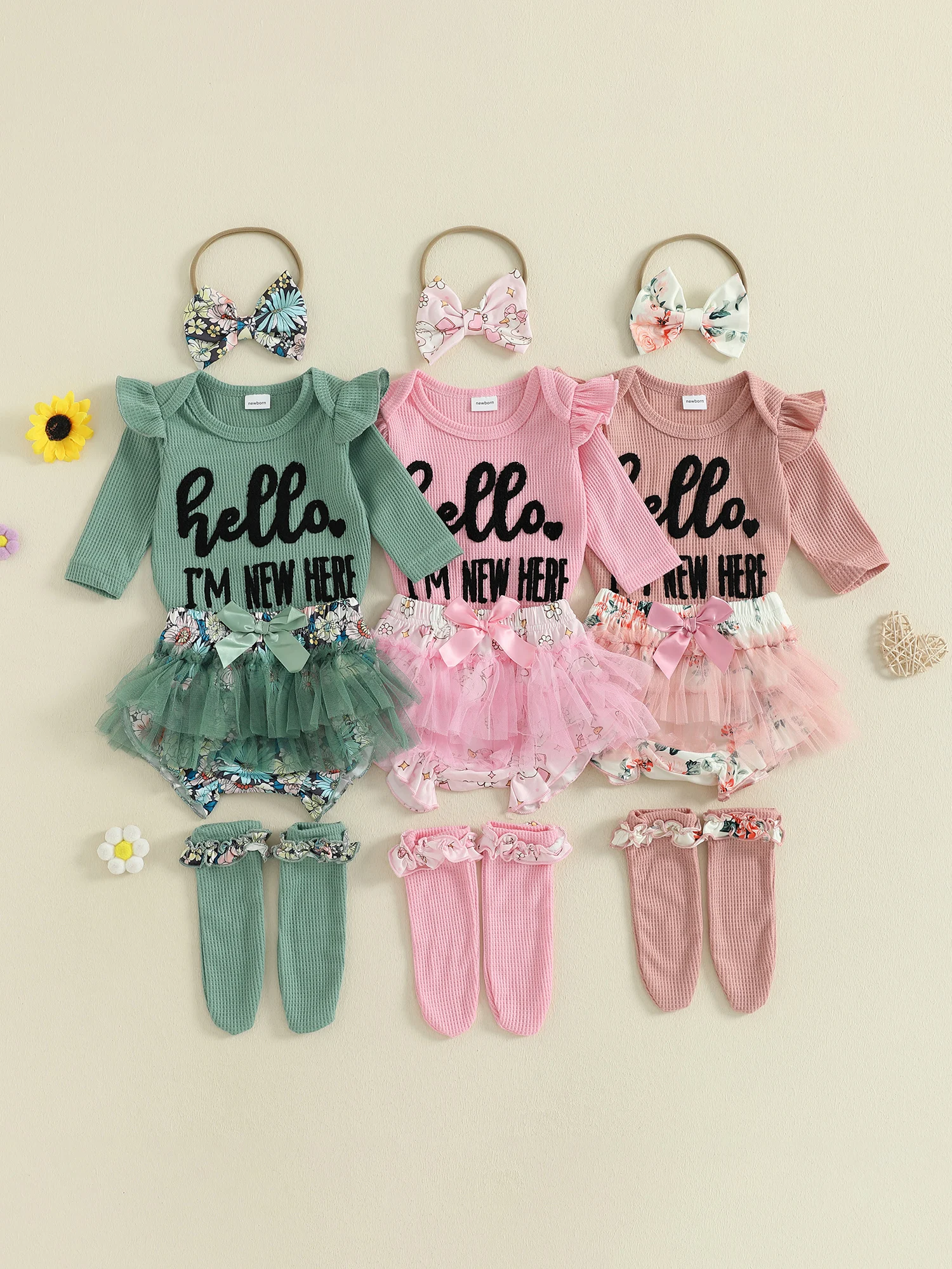 Adorable Baby Girl 3-Piece Outfit Set with Long Sleeve Romper Skort Headband and Stockings Featuring Embroidered Letters and