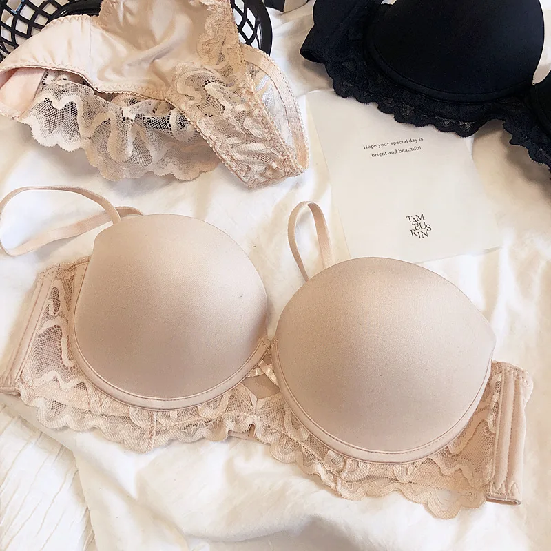 Basic Glossy Seamless Half Cup With Steel Ring Small Chest Gathering Bra Removable Shoulder Straps Tube Top Underwear Set Lace