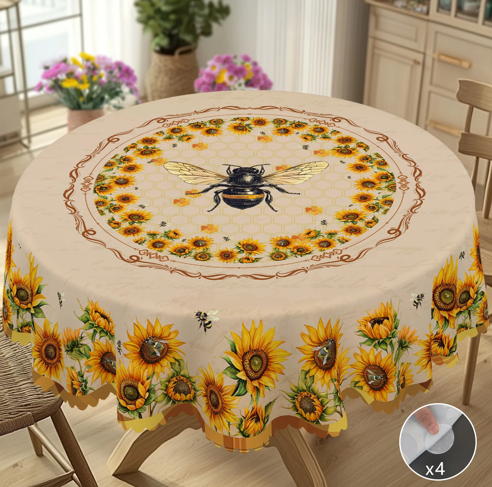 1 Piece of Sunflower Bee Print Round Tablecloth, 5 Sizes Available, Square Tablecloth with Retro Sunflower Flower Print Design, Edge Embossing Process, Daily Garden Tablecloth Decoration, Tablecloth for Daily Home Kitchen, Terrace Use, Spring and Summer Home Decoration