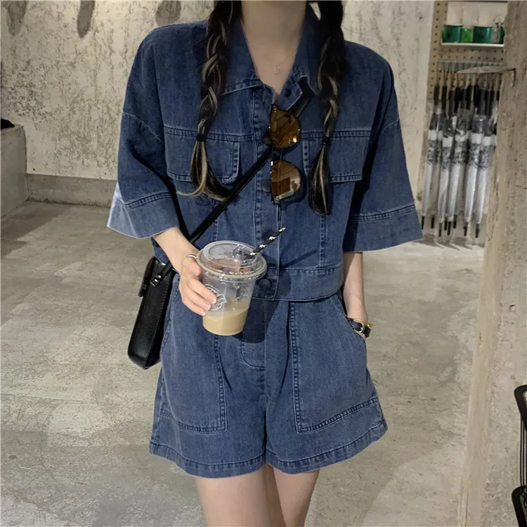 Vintage Matching Sets Turn Down Collar Three Quarter Sleeve Top High Waist Pockets Shorts Solid Color Summer Denim Two Piece Set