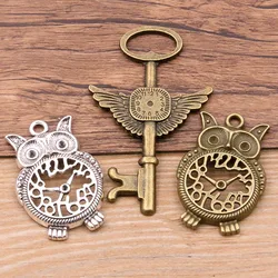 2PCS 2 Styles 2 Color Vintage Metal Zinc Alloy Hollow Owl Steampunk Clock Animal Charms For DIY Necklace Bracelet Jewelry Making