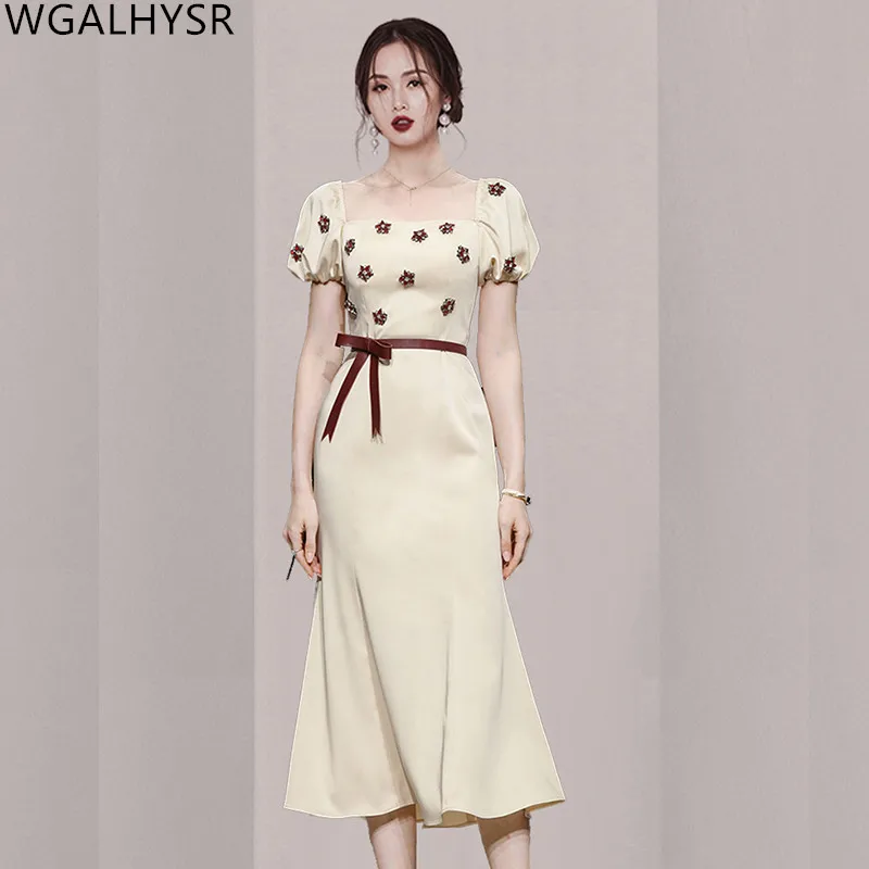 

Spring 2024 New Korean Fashion Long Fishtail Dress Women Square Collar Bubble Sleeve Heavy Nail Bead Pencil Dress