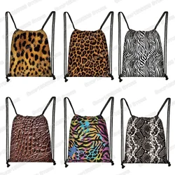 Tiger Leopard Snake Crocodile Zebra Stripes Print Drawstring Bags Women  Men Canvas Backpack Travel Bags Shoes Holder Bookbag