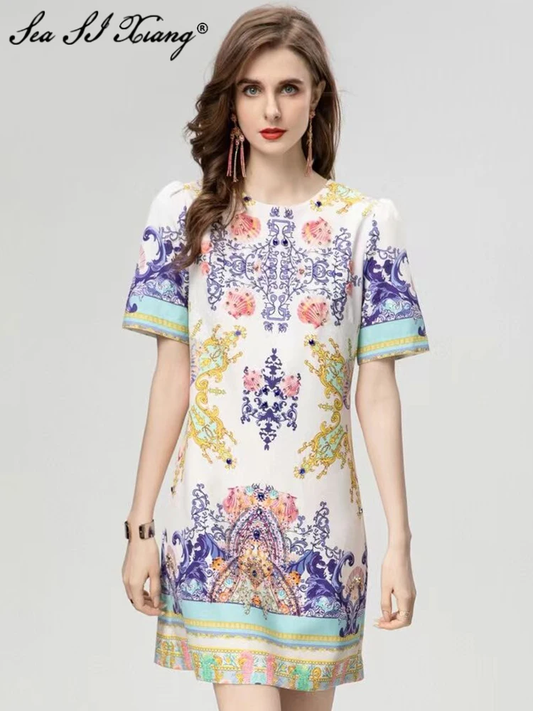 

Seasixiang Fashion Designer Summer Dress Women's O-Neck Short Sleeve Crystal Diamonds Vintage Print Mini Dresses