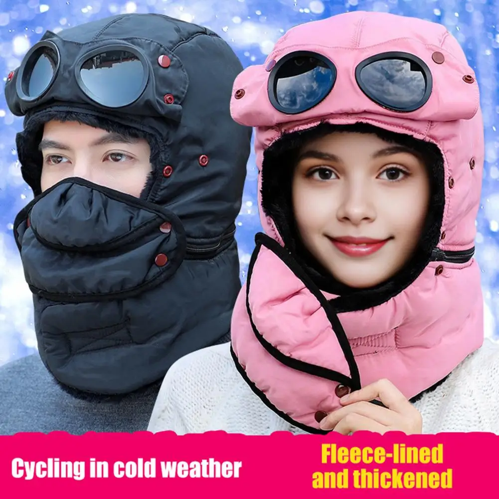 Warm Winter Cap with Goggles Winter Thermal Trapper Hat with Goggles Face Guard Pilot Headgear for Snowmobiling Hiking Weather