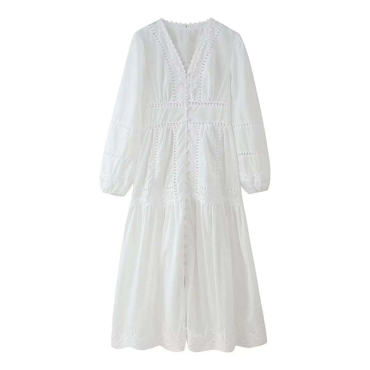YENKYE Kant Gesplitst Hollow Out Jurk Vrouwen Vintage Solid V-hals Lantaarn Mouw Casual Lange Jurken Herfst 2025, Dame Gewaad