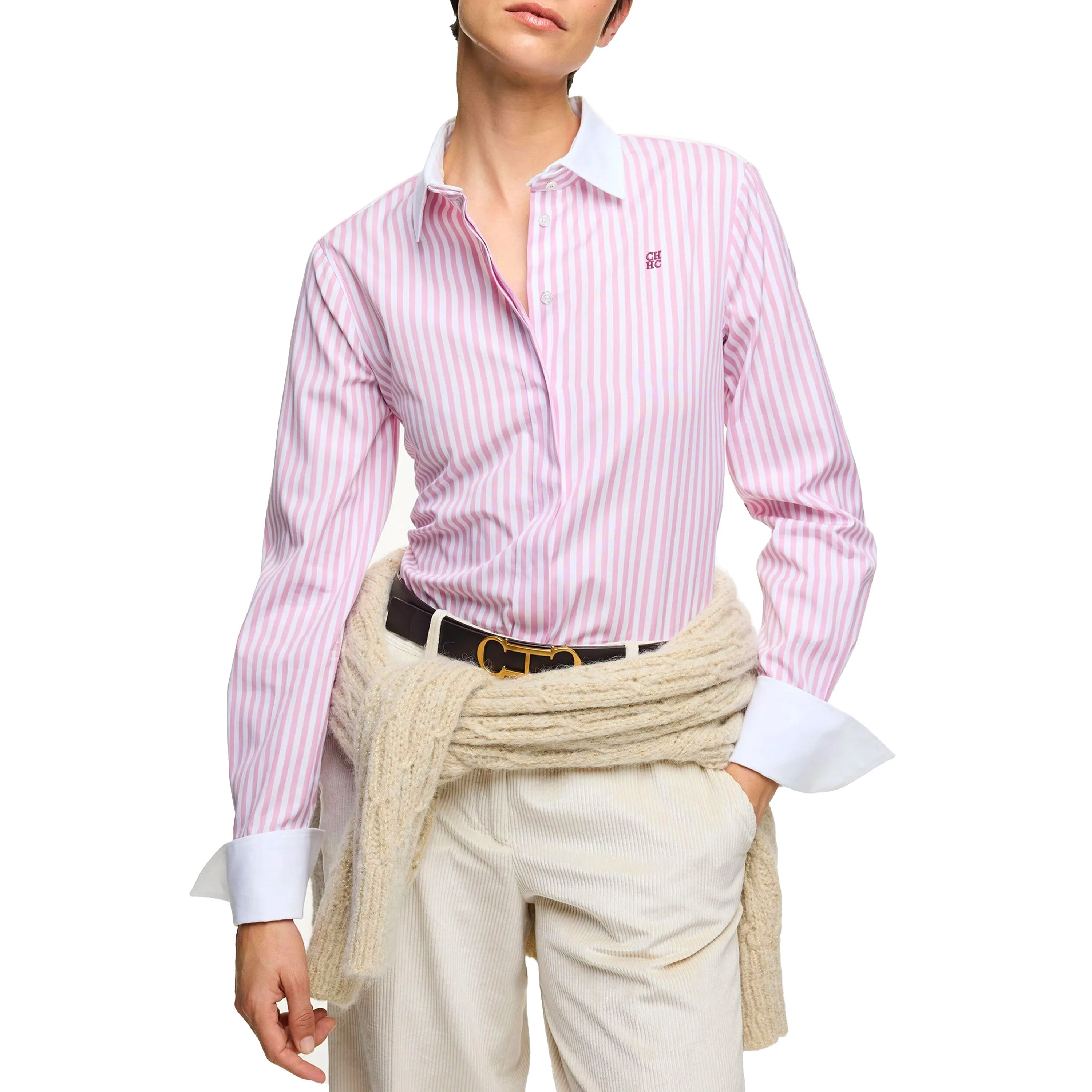 CHCH New Women Shirts Strip Long Sleeve Blouse Patchwork Embroidered Flowers Elegant Lapel Loose Shirt Casual Office Lady Tops