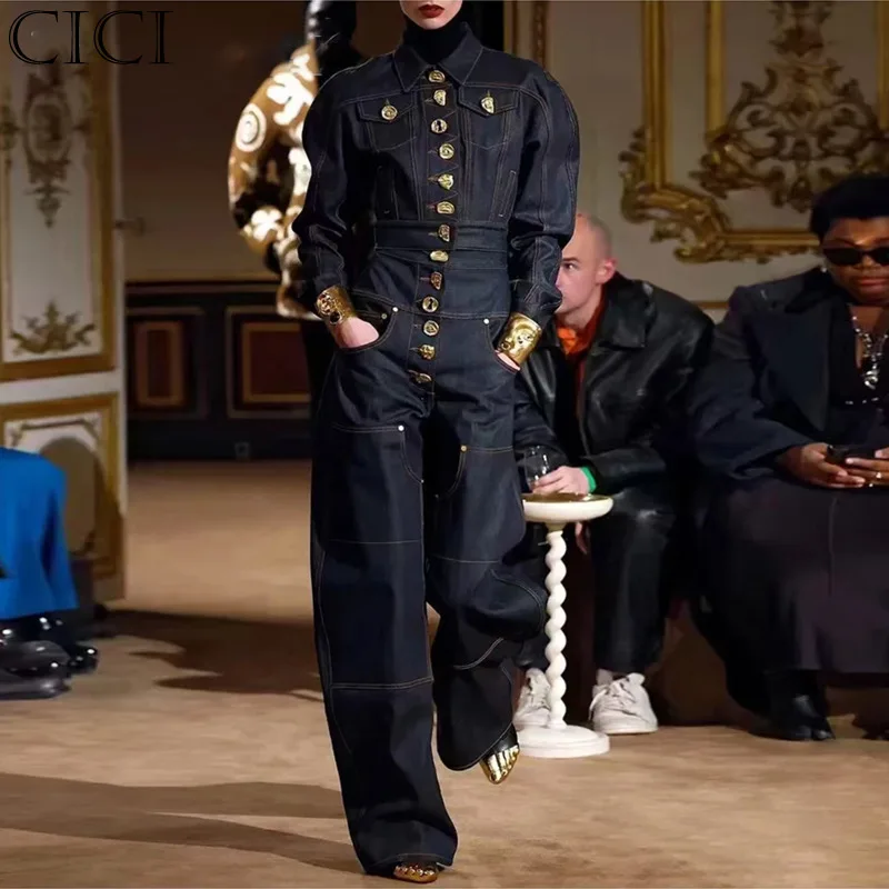 CiCi تقسم زر قطعتين مجموعات للنساء التلبيب كم طويل أعلى عالية الخصر المرقعة جيوب مجموعة بناطيل رجالي أزياء الإناث #1