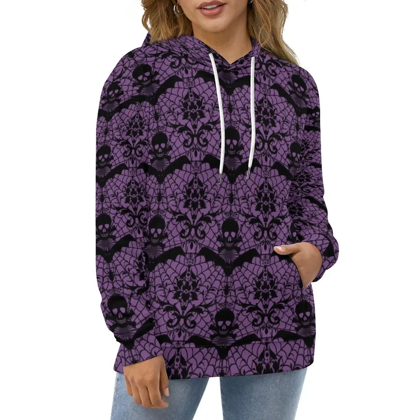 

Retro Halloween Hoodies Damask Purple Hip Hop Casual Hoodie Long-Sleeve Aesthetic Printed Hooded Sweatshirts Big Size 4XL 5XL