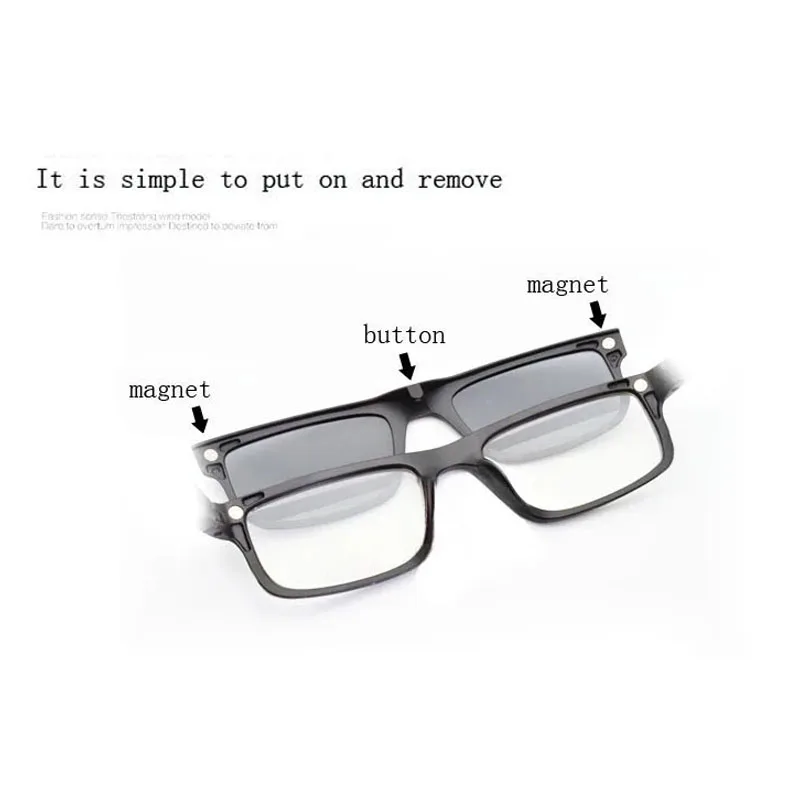 Full Frame Glasses Square Frame Men's 3D Magnet Clip On Myopia Glasses Polarized Glasses Sunglasses Night Vision goggles 53 18