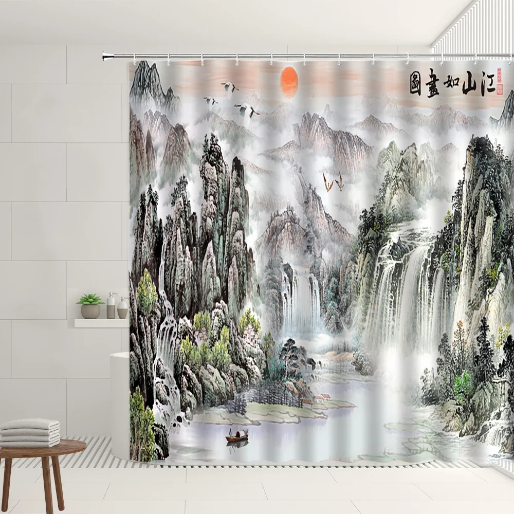 Chinese Style Landscape Shower Curtain Great Mountain Beautiful Scenery Living Room Bathroom Polyester Screens Home Luxury Decor