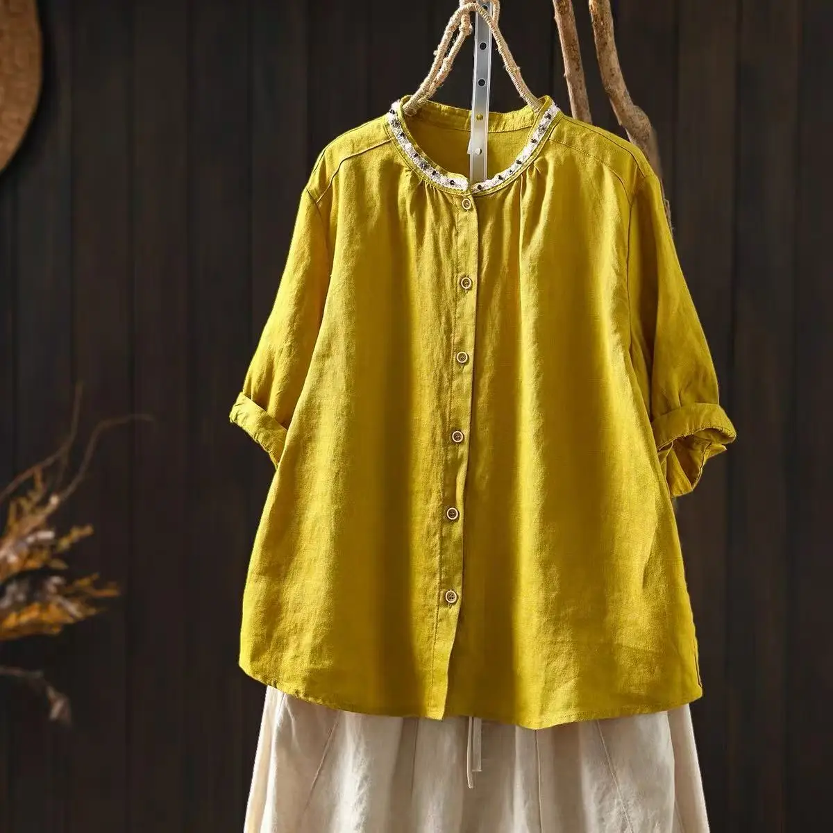 

2026 Boho Women Pure Ramie Linen Short Sleeve Shirts Lace Embroidery Collarless Loose Casual Summer Yellow Blouse Top