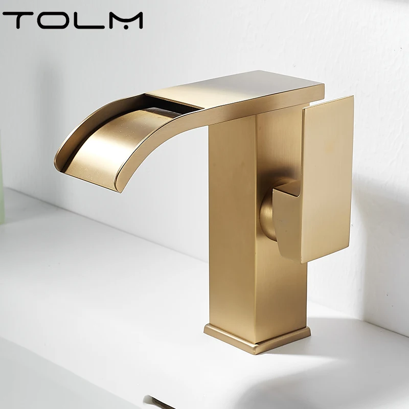 

TOLM Матовые золотые смесители для раковины Элегантный водопад Смеситель для раковины в ванной комнате Однорычажный латунный смеситель с отверстием для крепления на палубе