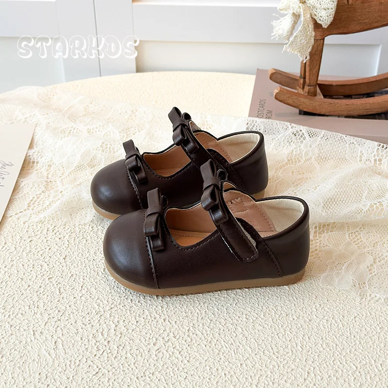Leder-Bowknot-Mary-Jane-Schuhe für Kinder, Mädchen, niedliche Schleifen, Ballett, flach, für Babys, runde Zehen, weiche Sohle, solide, weiß, braun, Schule, Zapatos