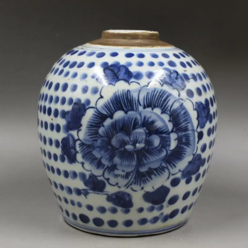 Chinese Ming Blue and White Porcelain Jar Peony Design Pot Tea Caddy 5.90 inch