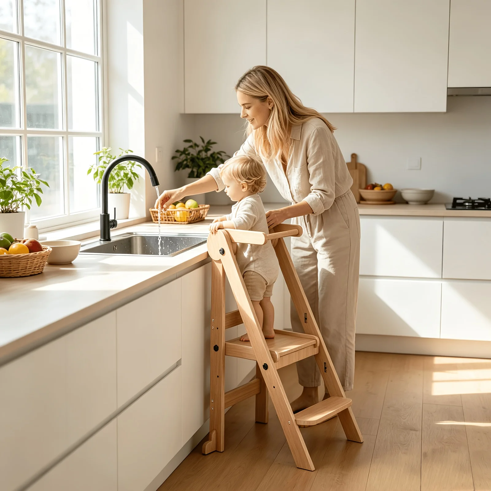 Foldable & Adjustable Kids' Step Stool – Wooden Learning Tower with 3 Height Levels and Safety Rails; Compact Kitchen Helper