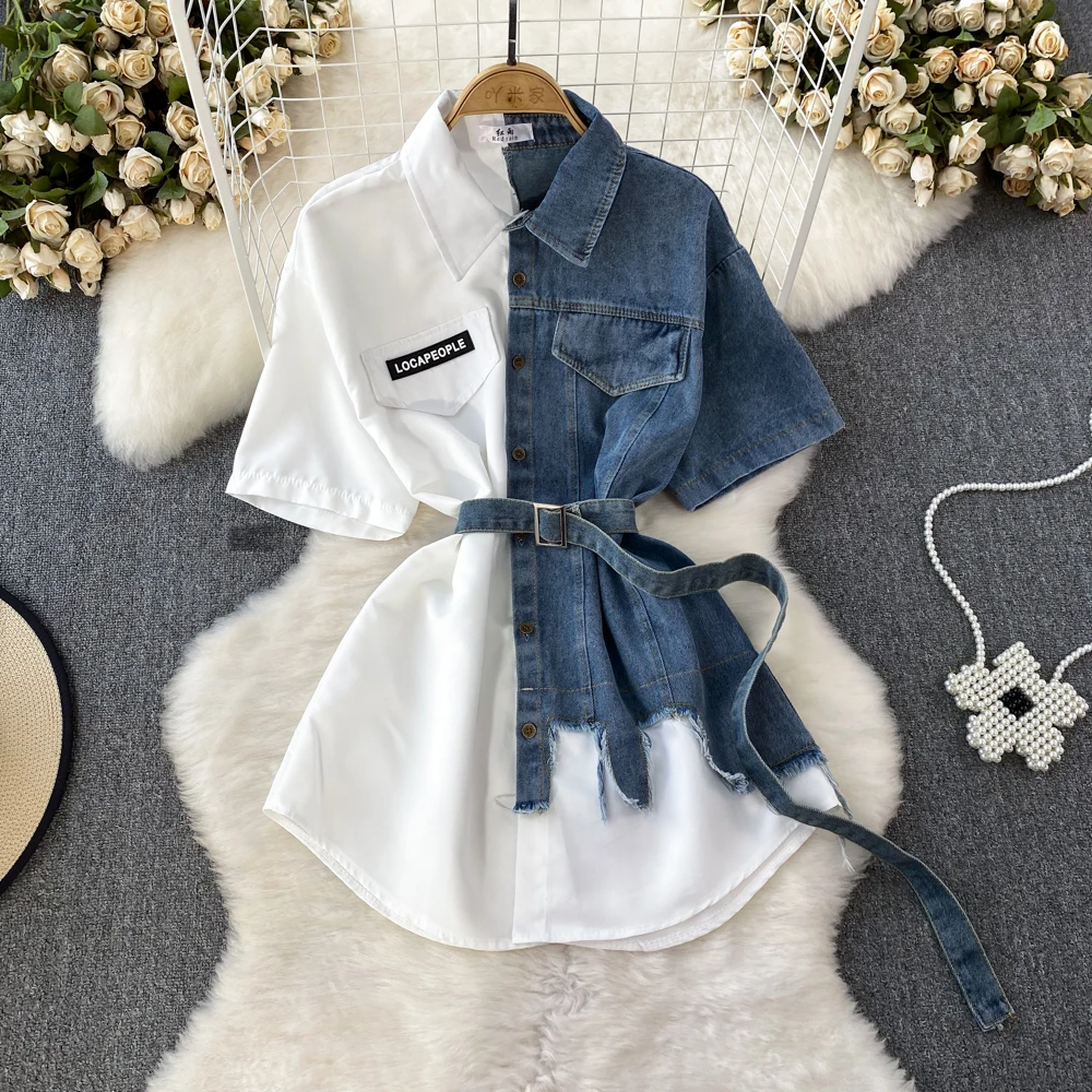 Denim Patchwork Shirt Dress Contrasting Color Turndown Collar Lace Up Single Breasted Mid Dress Loose Irregular T-shirt Dress