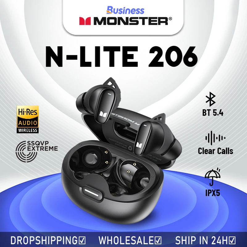 Monster N-Lite 206 Ture Wireless Headphones In-Ear Invisible Bluetooth Earbuds AI Noise Cancelling IPX5 Sports Earphone with Mic