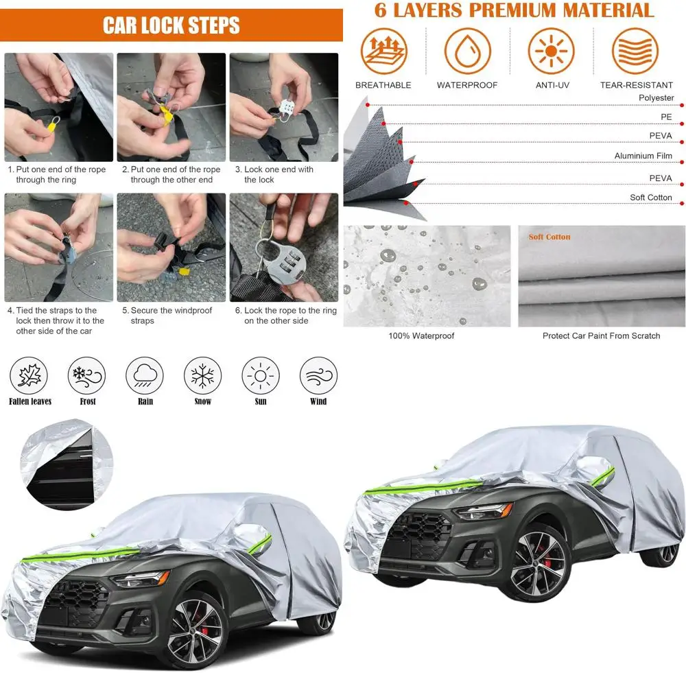 

Всепогодный 6-слойный серебристый чехол для автомобиля на заказ с молнией на двери и ветрозащитными ремнями для моделей внедорожников 2009-2025 годов, защищает от снега