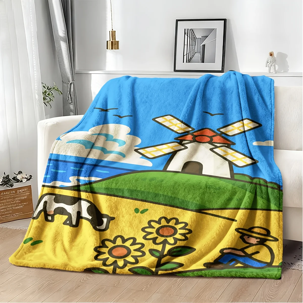 Vintage Farmhouse Windmill Cottagecore Picnic Blanket Throw Rustic Countryside Decor Cozy Picnic Area Mat 150x230cm