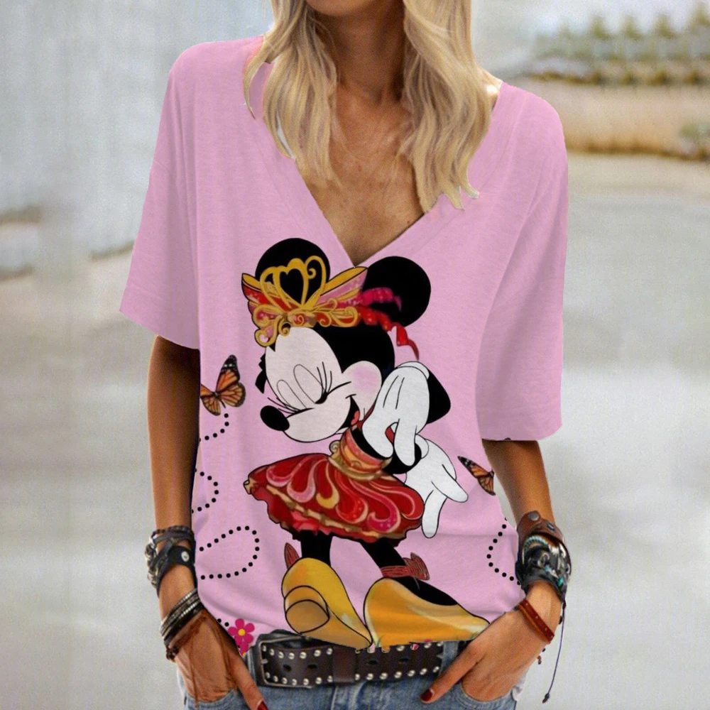 5XL Ladies Tops Casual Short Sleeve V-Neck Loose T Shirt Women 3D Disney Minnie Mickey Mouse Summer Tees New Breathable Clothes