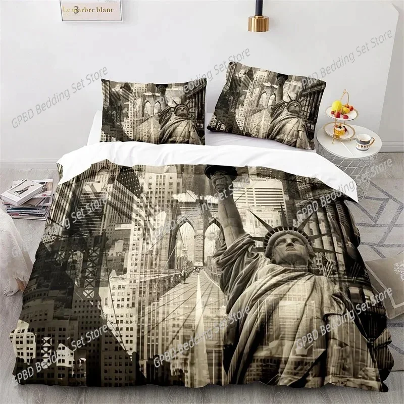 Statue of Liberty Duvet Cover King Size Microfiber World Famous Building Bedding Set New York Landmark Cityscape Comforter Cover