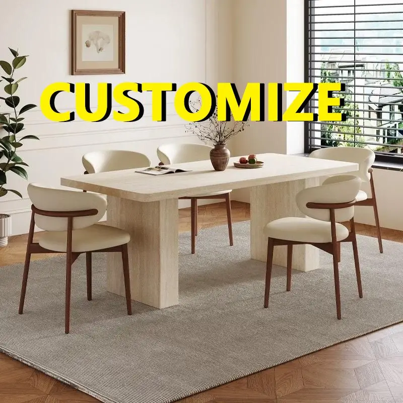 Any Size Custom Nordic Minimal Natural Travertine Dining Table Concise Design Solid Stone Material Modern Apartment Daily Use