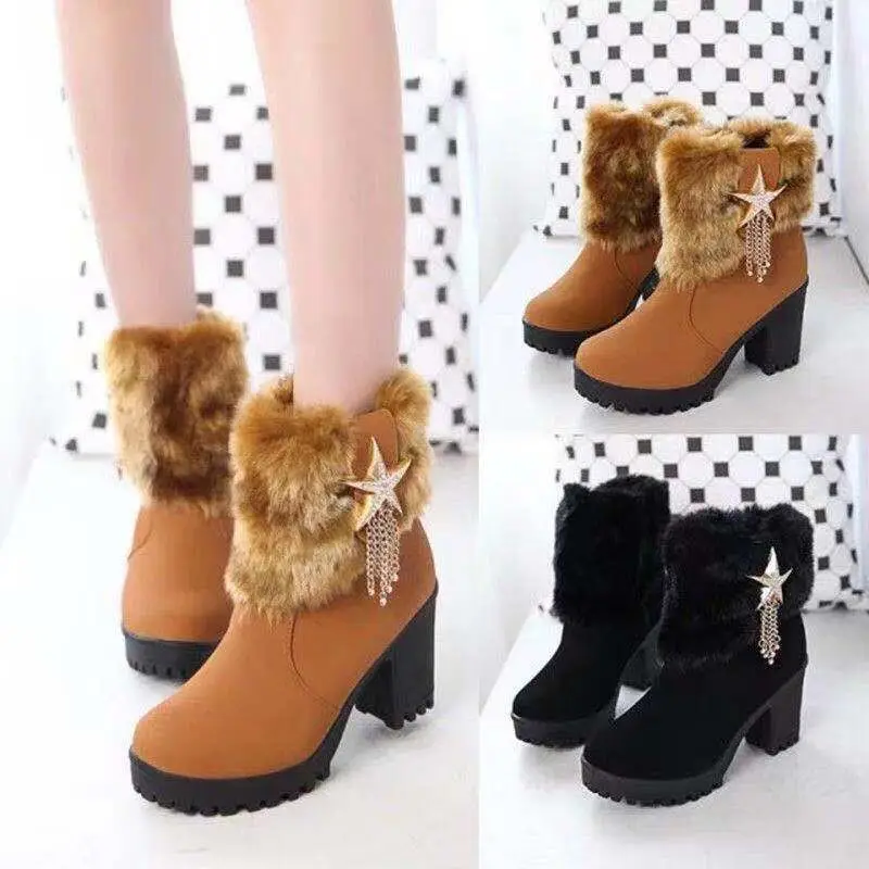 

2022Square heel women winter shoes classic buckle warm fur snow ladies boots high heels black platform ankle boots women botas