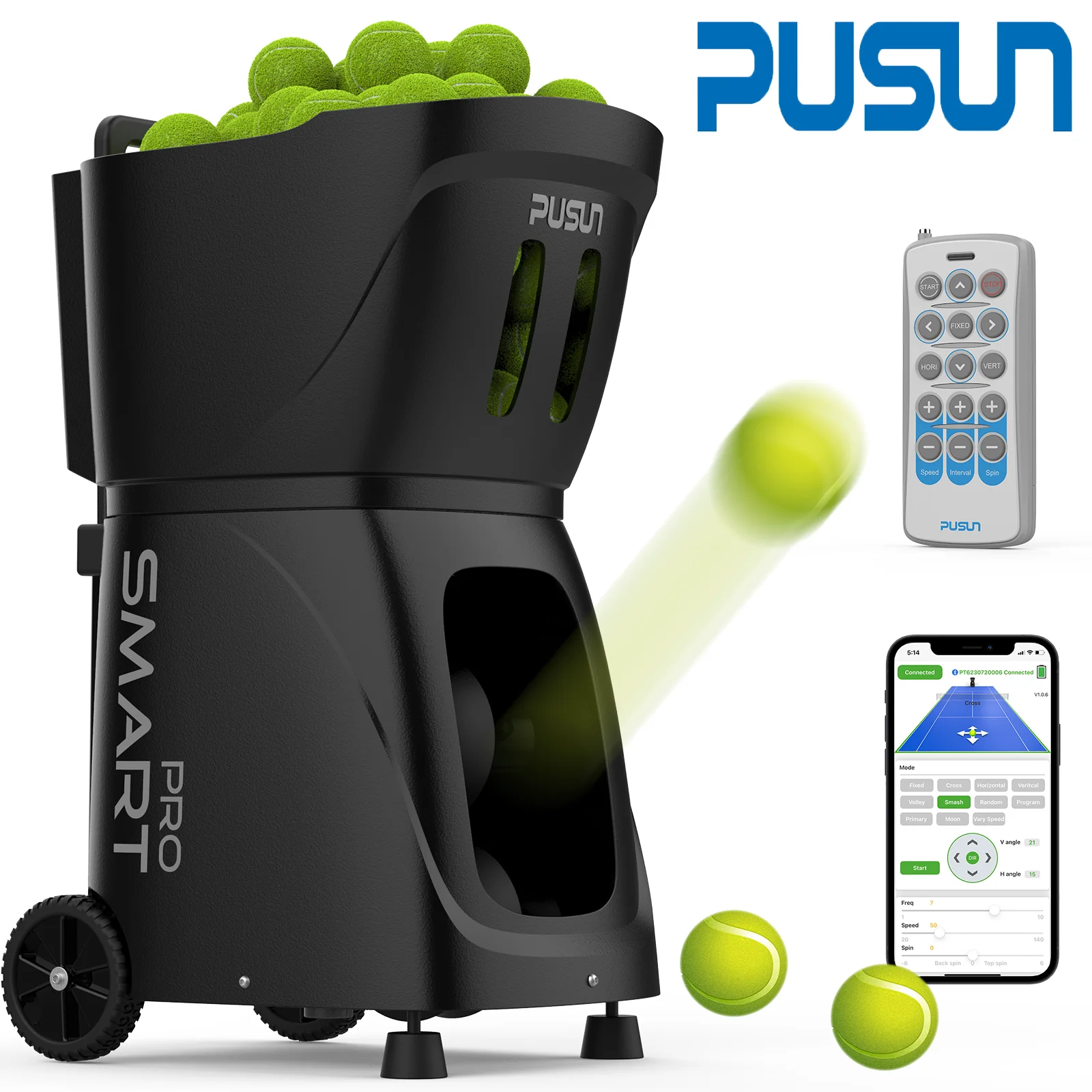 PT-SMART PRO New Arrivals PUSUN Tennis Ball Machine Launcher Equipment For Training Practice With APP Remote Control.