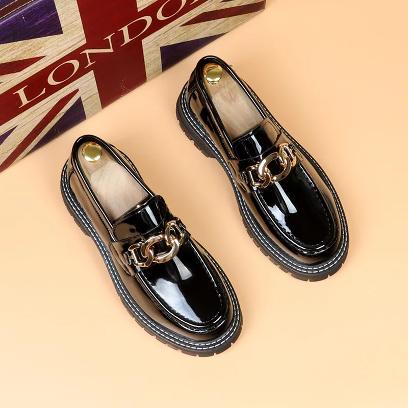 

2026 New Men's Thick Soles Increase Bright Leather Loafers High-quality Men's Metal Fashion Casual Shoes Loafers