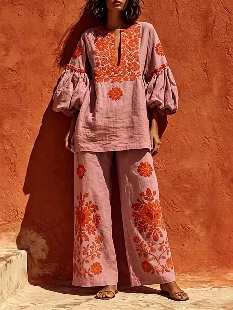 2026 Fashion Print Long Pant 2Pc Suits Elegant V-neck Wide Leg Pants Boho Linen Sets Casual Lantern Sleeve Loose Women's Outfits