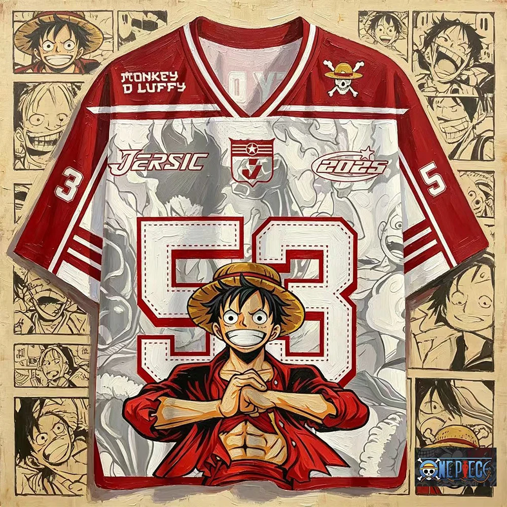One Piece Luffy Cartoon Jersey Short Sleeve Breathable Loose Oversized No.53 Anime Print Streetwear Unisex Fans Sports Tops