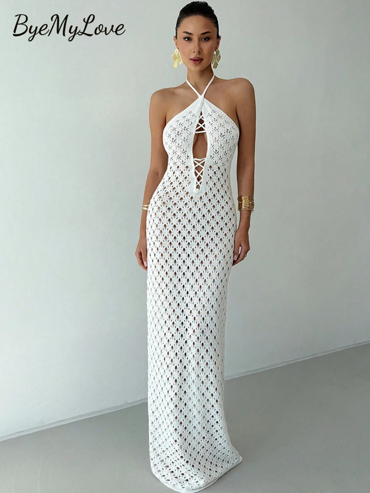 ByeMyLove ถัก Sheer Bodycon Maxi ชุด Hollow Out & Halter คอ, เซ็กซี่ชุดยาวสําหรับชุดราตรี Beachwear