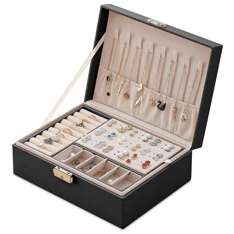 

AB72-Leather Jewelry Box Snap on Jewelry Box for Women Jewelry Organizer Storage Case with Two Layers Display