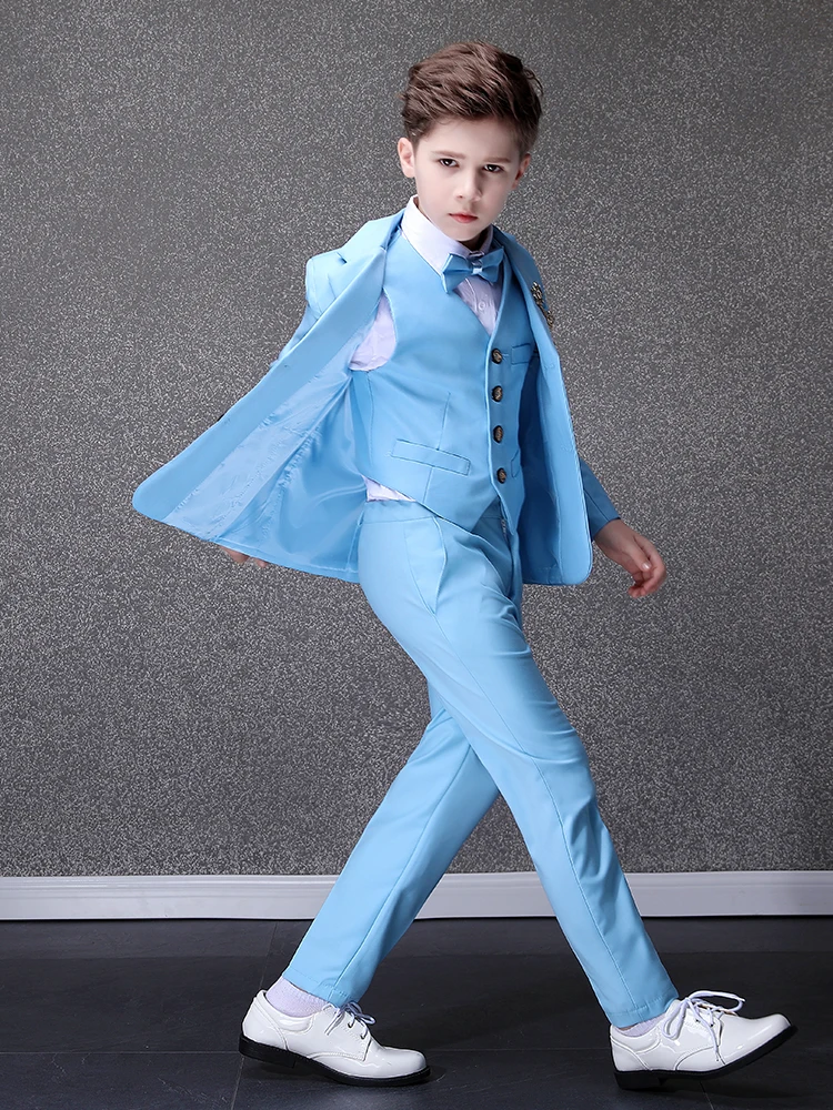 Children Sky Blue Photograph Suit Flower Boys Wedding Dress Kids Tuxedo Evening Party Wear Teenager Graduation Birthday Costume