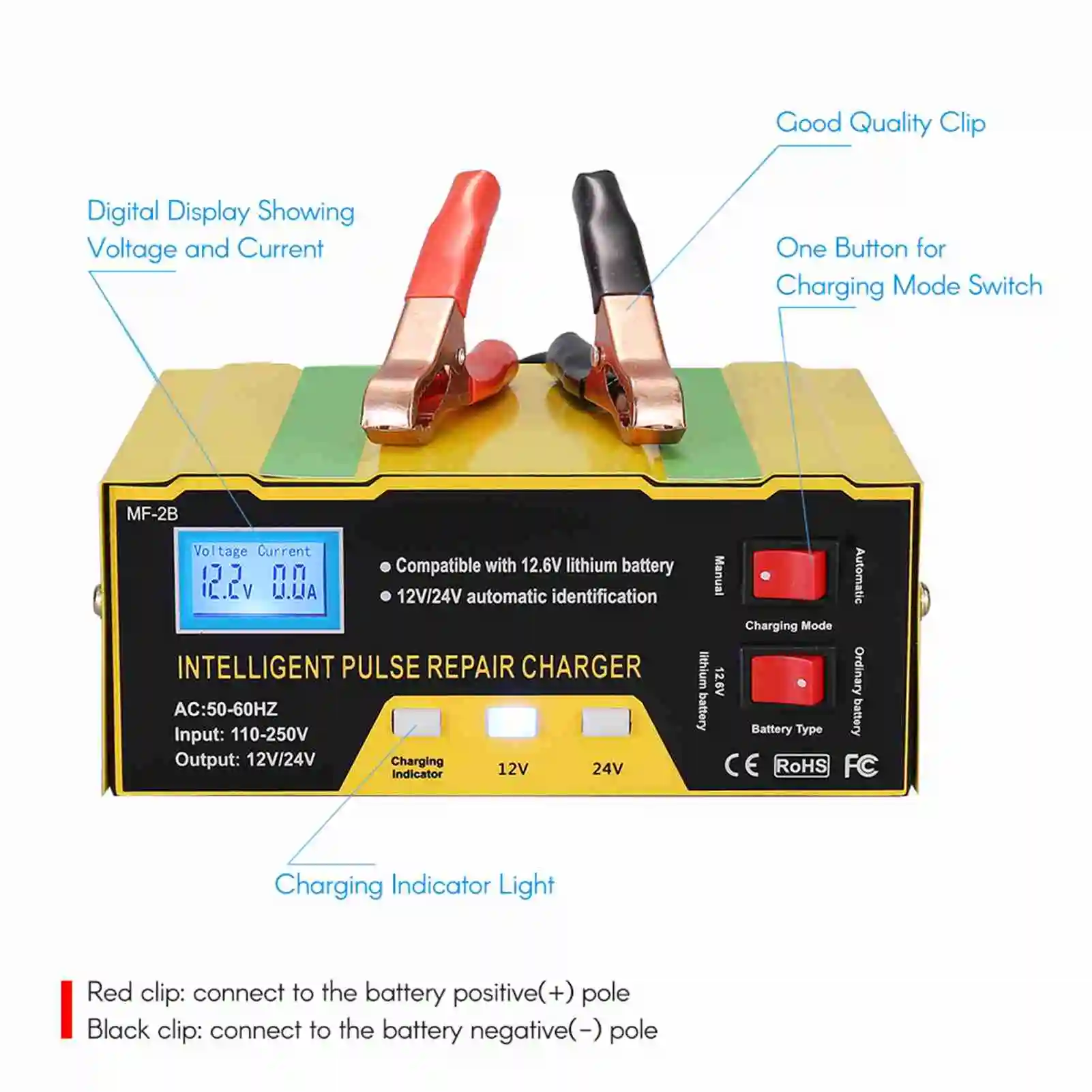 

12V/24V Intelligent Pulse Repair Battery Charger with Digital Display - for Car/Motorcycle Automatic Voltage Detection